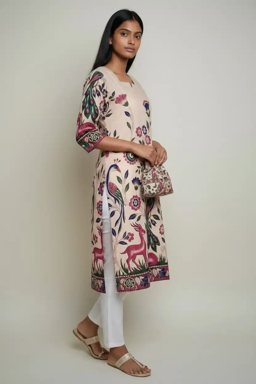 Block Print Cotton Kurti Light Khaki view 2