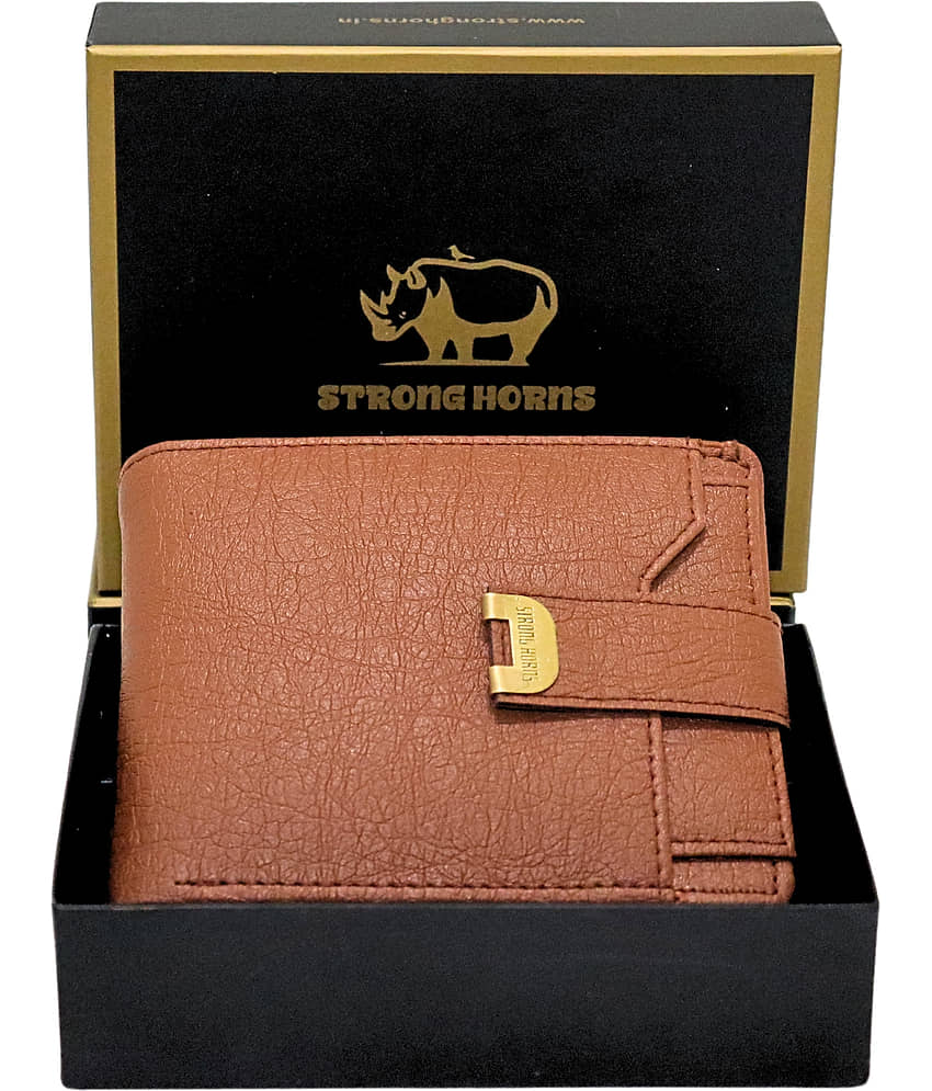 STRONG HORNS PU Self Design Men's Regular Wallet With 10 Slots For Card ( Tan , Pack of 1 ) view 2