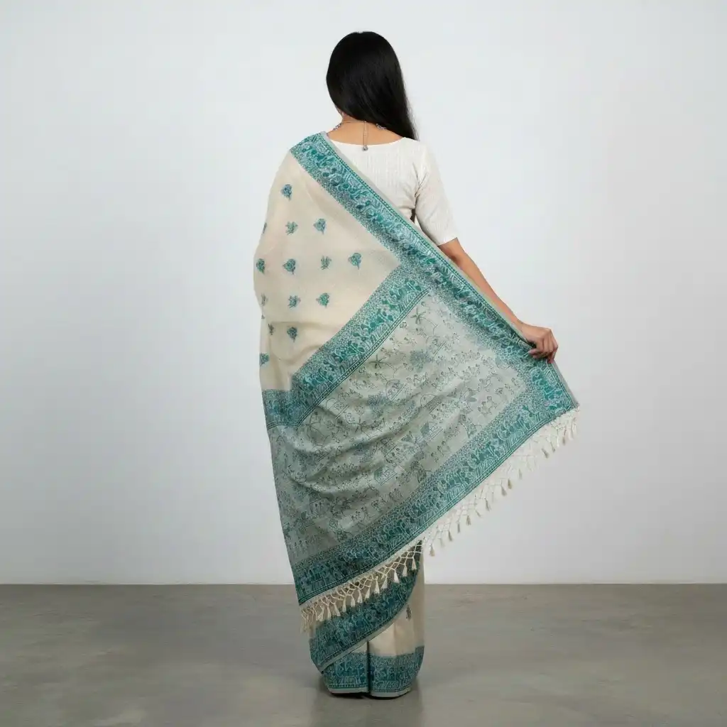 Sambalpuri Baandha Ikat Cotton Saree in Beige and Teal, with Blouse view 2