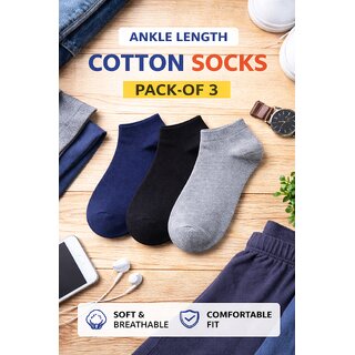 Cotton Ankle Length Socks for Men Women Soft Breathable Everyday Socks Pack of 3 (Blue, Black Grey) view 2