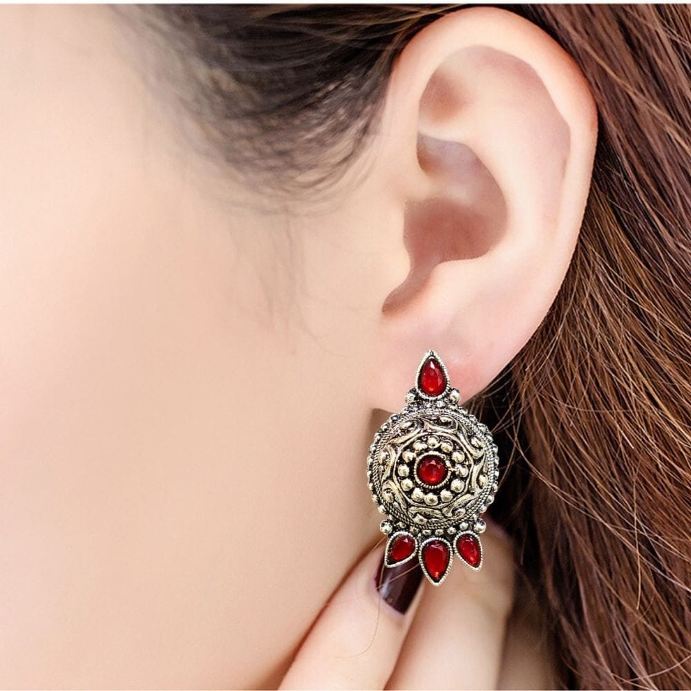 Jewelryklub Oxidized German Silver Antique Look Afghani Chandbali Earrings With Maroon Stones view 2