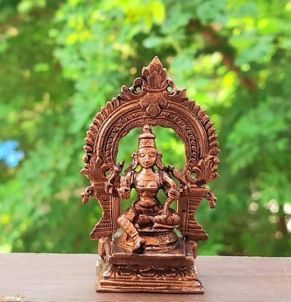 Searchers Paradise - Copper Idols Raja Rajeshwari with Prabhavalli,3.3 inches, Copper Handmade 140 Grams, Patina Antique Finish, Pack of 1 Piece view 2