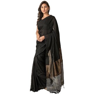 Look and Adorn Black Golden Silver Zari Handloom Cotton Saree with Blouse Piece
