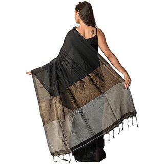 Look and Adorn Black Golden Silver Zari Handloom Cotton Saree with Blouse Piece view 2