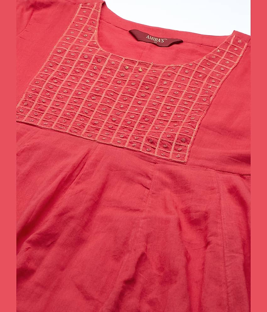 AMIRA'S INDIAN ETHNICWEAR Women Cotton Embroidered Ethnic Dress ( Red ) view 2