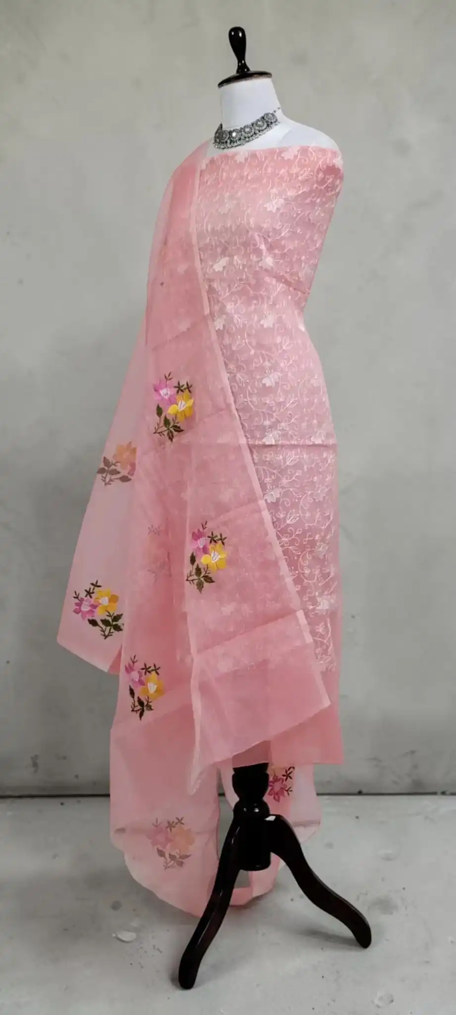 Handwoven Kota Doria Dress Material in Peach with Floral Embroidery view 2