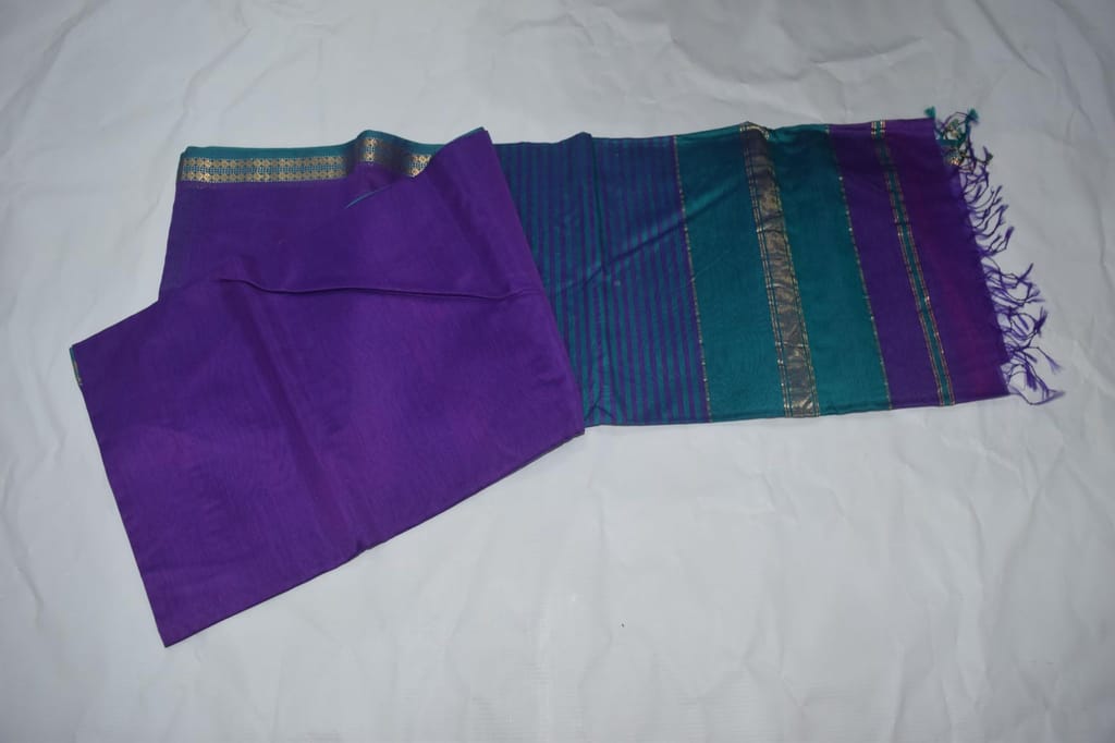 TULIP Cotton Saree with Blouse Piece, Purple and Teal, Striped Pattern, Golden Zari Border, Traditional Indian Ethnic Wear view 2