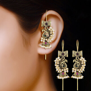 Vivastri Peacock Gold Plated Alloy Pearl Ear Cuff, Cuff Earrings Kaanphool Guttapusalu for Women & Girls - VIVA2890ERG view 2