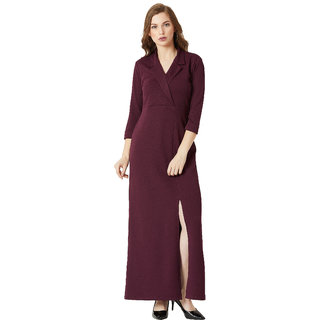 Miss Chase Women's Wine Red Collared V-Neck 3/4 Sleeve Solid Front Slit A-line Maxi Dress view 2
