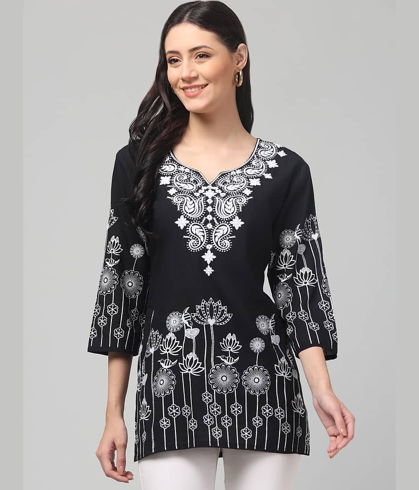 Aura Glam Women Rayon Embroidered A-line Kurti ( Black )