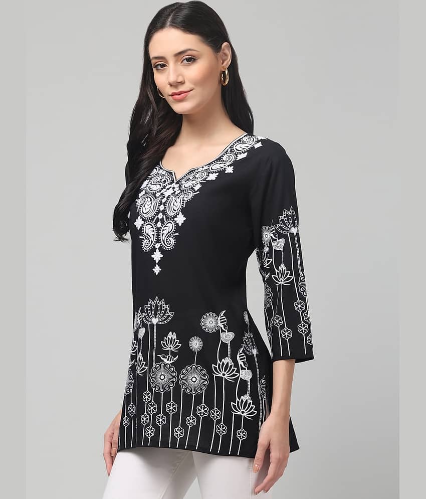 Aura Glam Women Rayon Embroidered A-line Kurti ( Black ) view 2