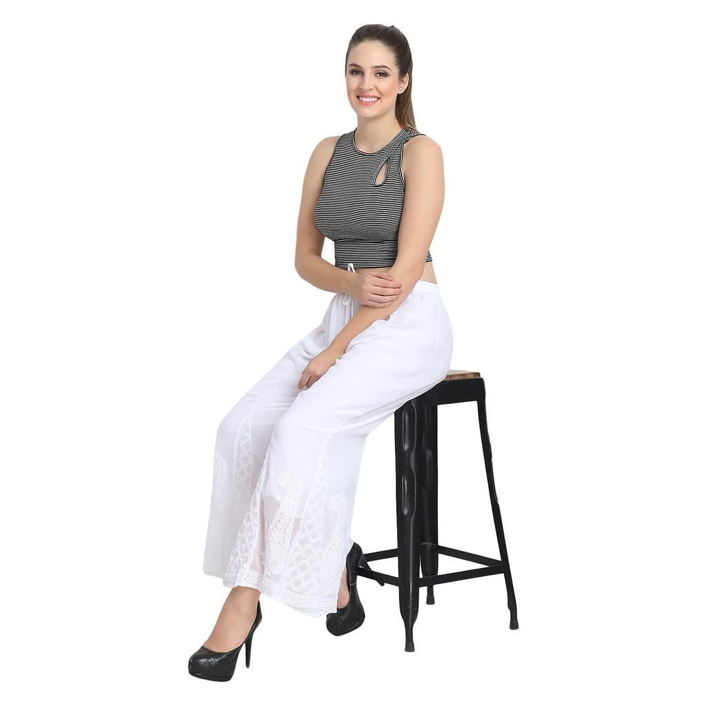 Boldwink Jara Collection Women's Lucknow Chicken Art Work Embroidered Georgette Chikan Pant Loose view 2