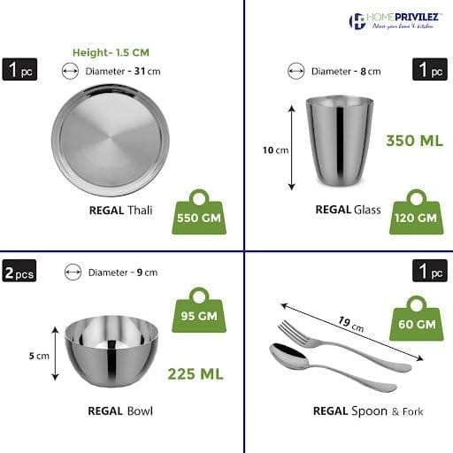 “Regal” Stainless Steel Thali Set/Dinner Set of 6 pcs (Silver) view 2