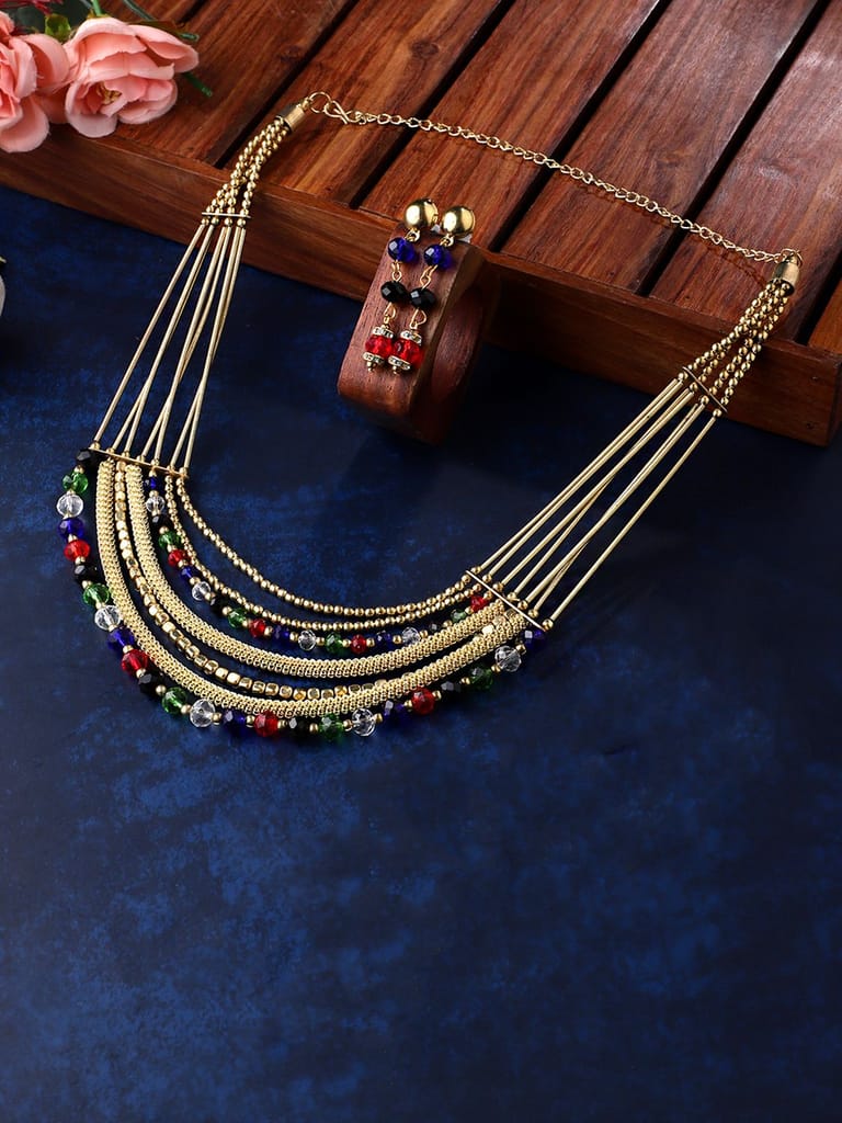 Cardinal Multicolor Beads Stone Gold Plated Ling Necklace Set view 2