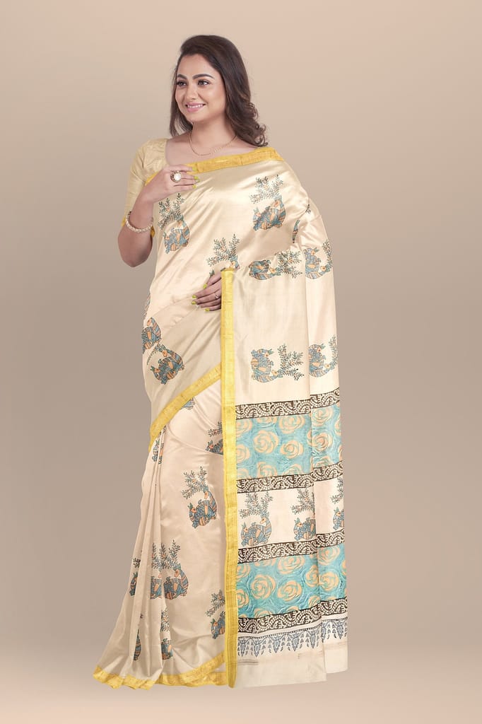 Cream Color Deer Motif Handwoven Hand Block Print Sausar Silk Saree SKU-AS10016 view 2
