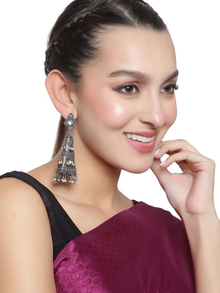 Cardinal Oxidized Metallic Kundan Light Weight Jhumka Earrings view 2
