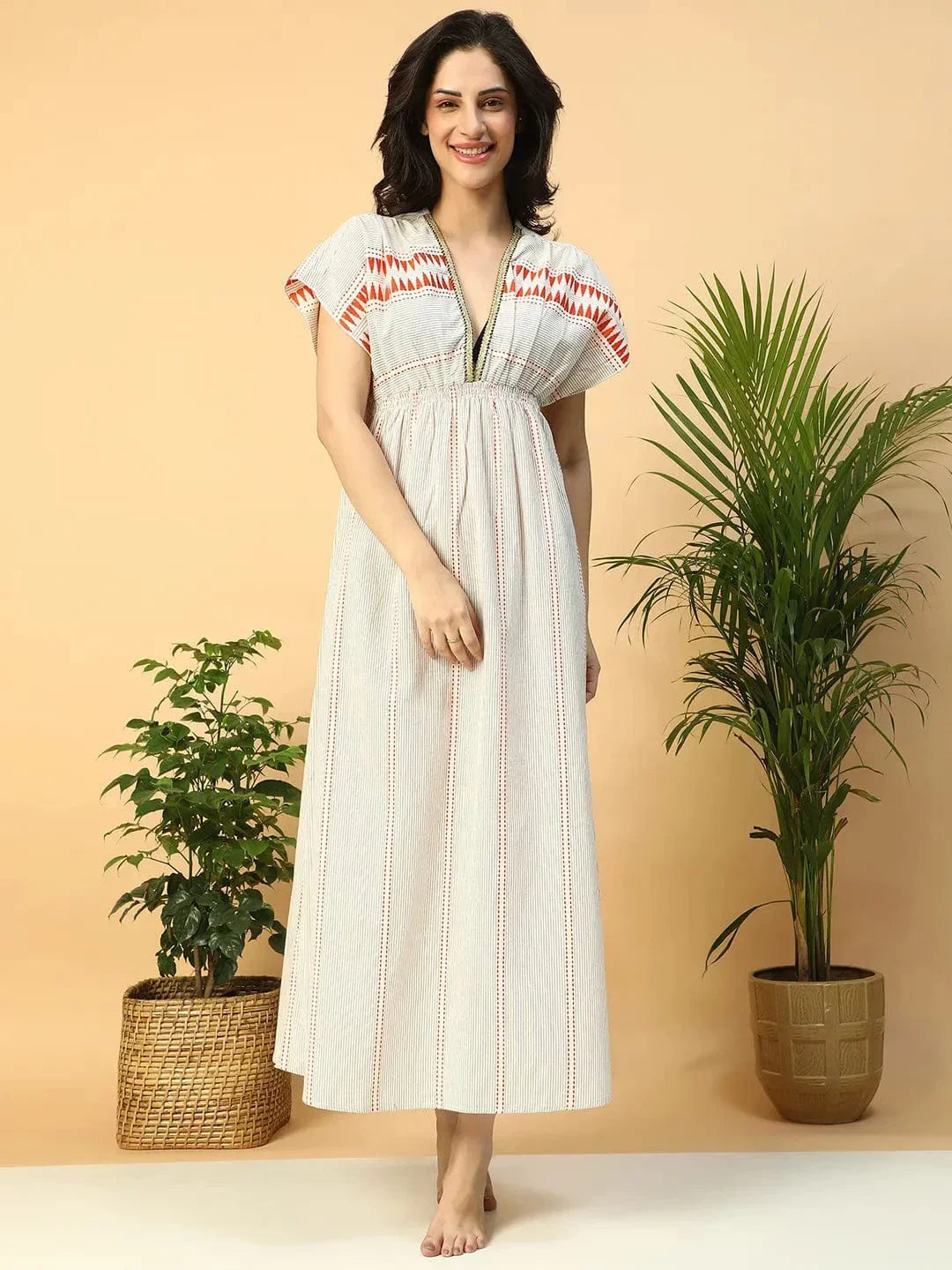 Glowin Beige Elasticated V-Neck Short Sleeve Women Beachwear Cotton Dress view 2