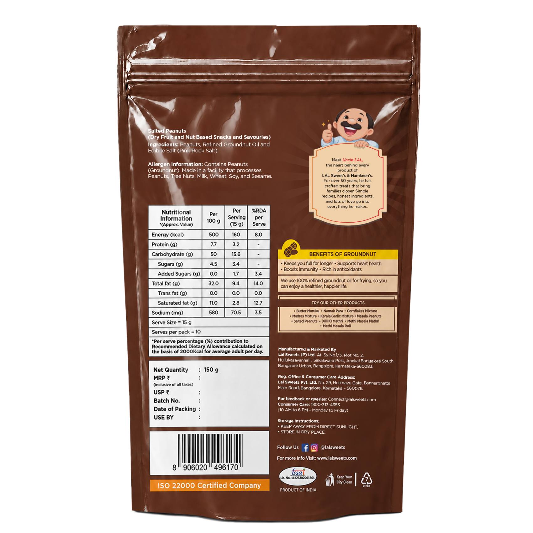 Lal Salted Peanuts Made with Groundnut Oil & Himalayan Rock Salt Guilt-Free Snack - 150g view 2