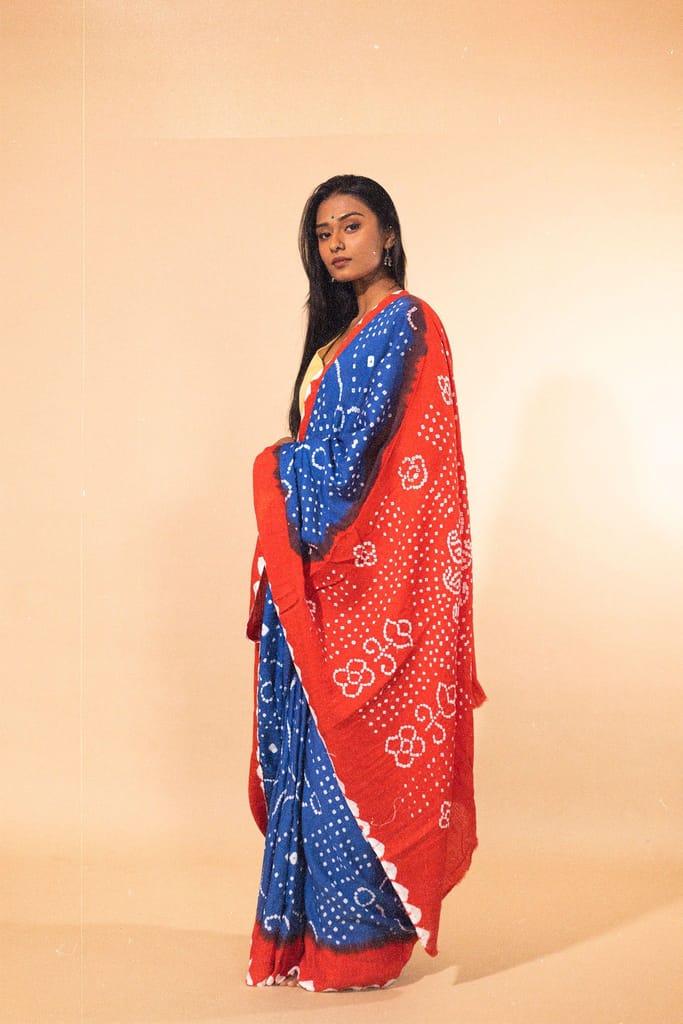 Boond - Kaisori Bandhani orange and blue Bandani cotton designer saree view 2