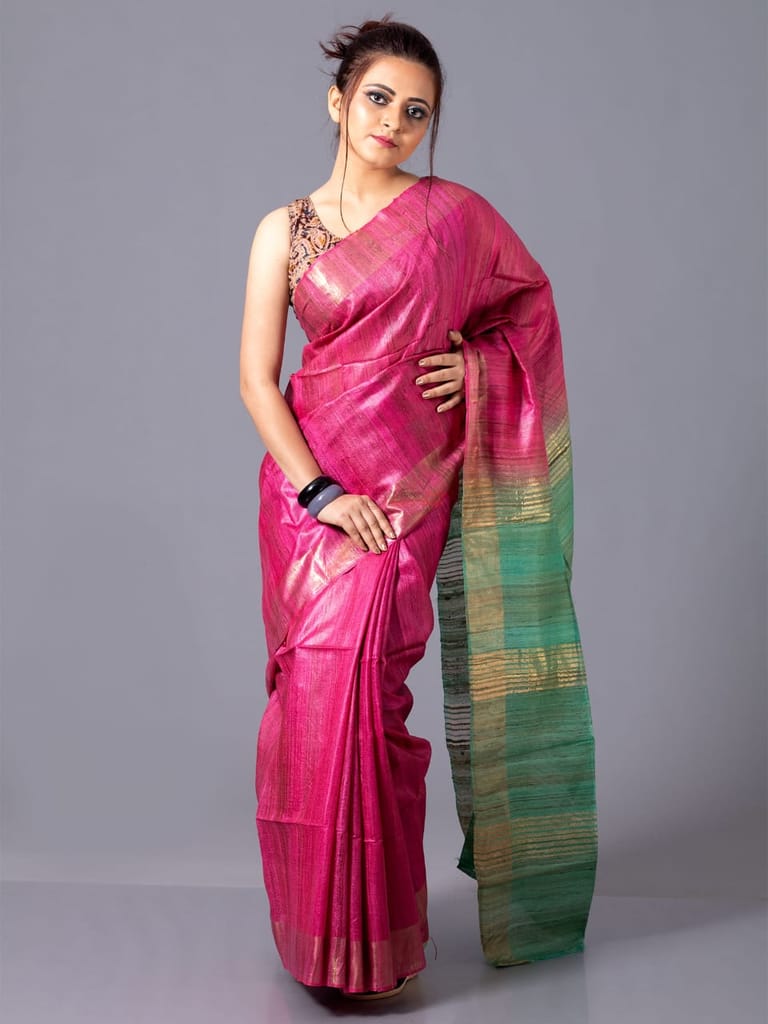 Hot Pink & Green Silk Blend Saree