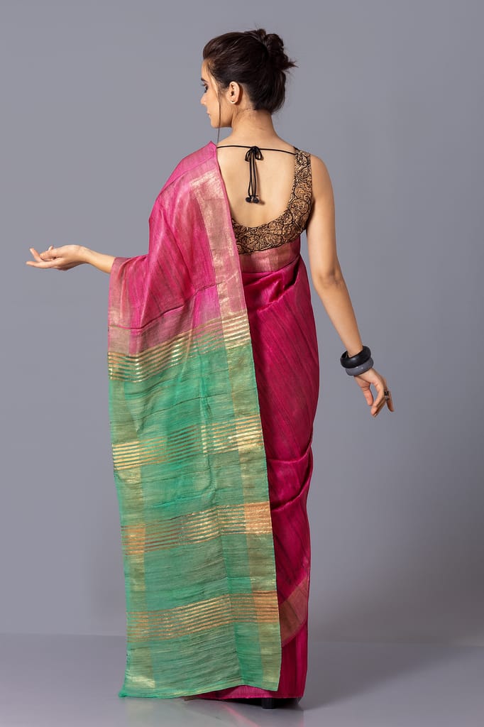 Hot Pink & Green Silk Blend Saree view 2