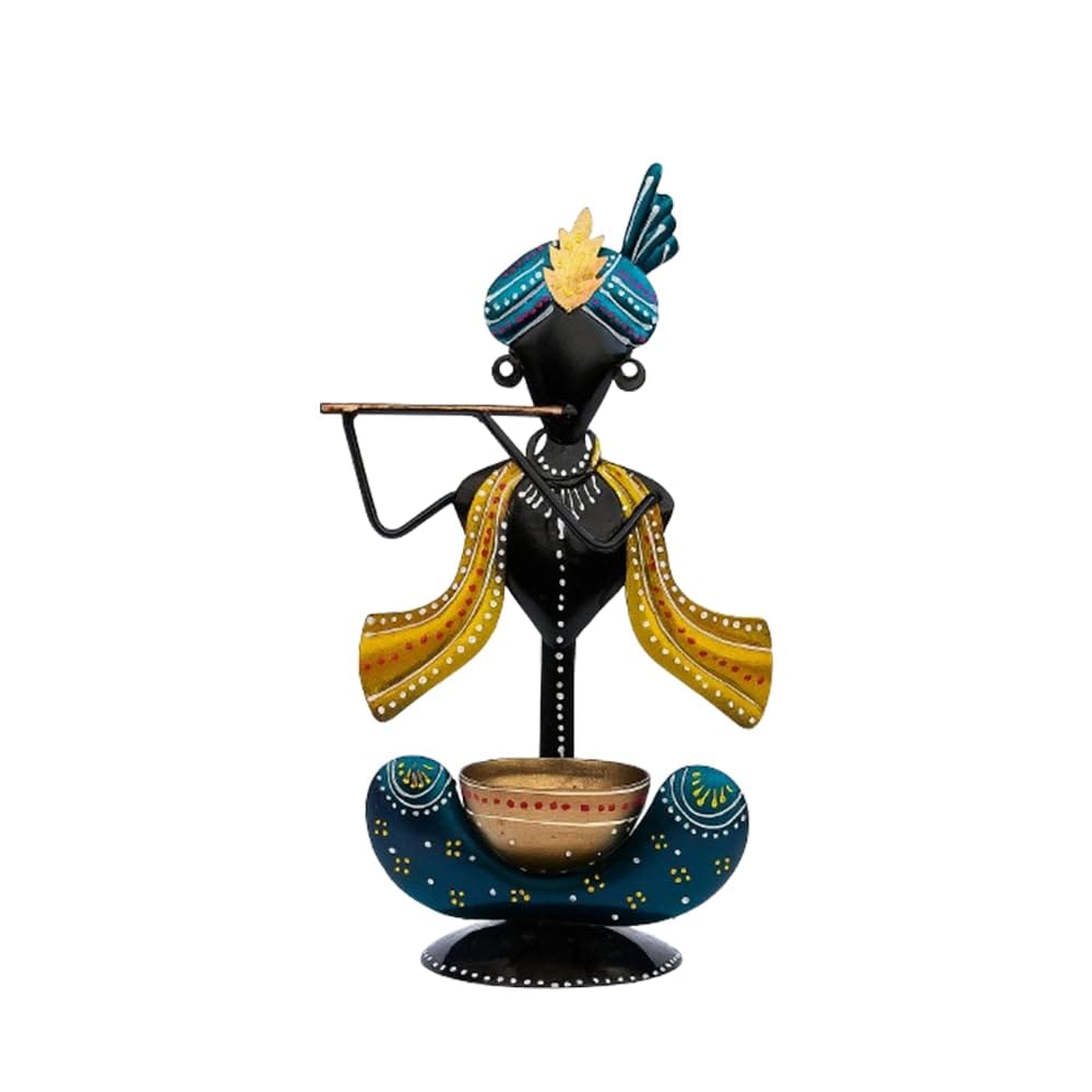Decorative Krishna T-Light Candle Holder, Metal Handcrafted Showpiece, 24 x 13 cm, Black and Gold view 2
