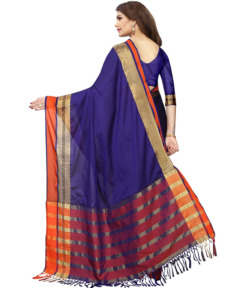 NIGHT BLUE Cotton Blend Solid Saree With Unstitched Blouse Piece ( Blue ) view 2