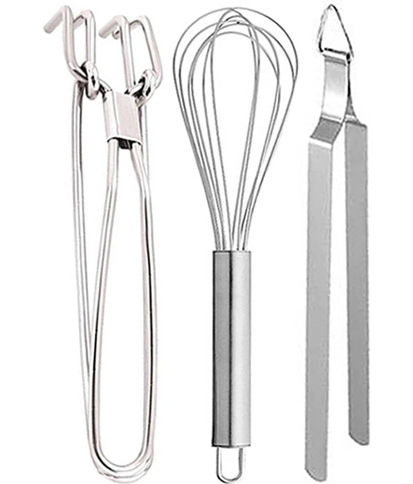 JISUN - Silver Stainless Steel Pakkad+Whisk+Roti Chimta ( Pack 3 )