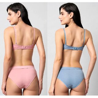 DoctorLingerie - Bra Panty Set - Solid Pink, Blue Lingerie Set (Pack Of 2) - B Cup Padded view 2