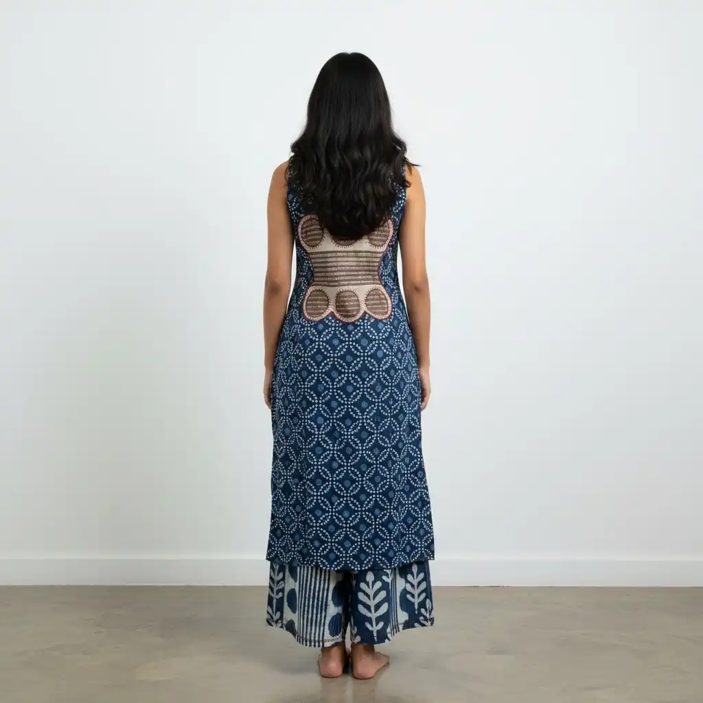 Navy Blue Handloom Cotton Co-Ord Set with Pockets and Hand Embroidery view 2