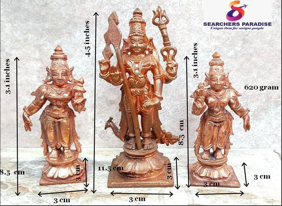 Searchers Paradise - Copper Idols Murugar with Valli and Deivanani ,4.5 inches, Copper Handmade 620 Grams, Patina Antique Finish, Pack of 1 Piece view 2