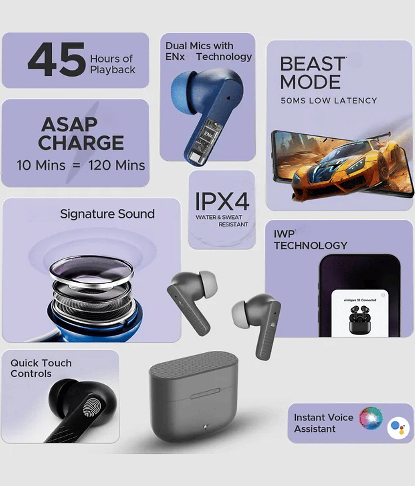 VEHOP 91 PRO Wireless Earbuds with 45Hrs Playtime, AI-ENC Mic, Bluetooth 5.3 with Low Latency Gaming, 13mm Bass Drivers, Type-C Fast Charging, Touch Controls, IPX5 Waterproof TWS view 2