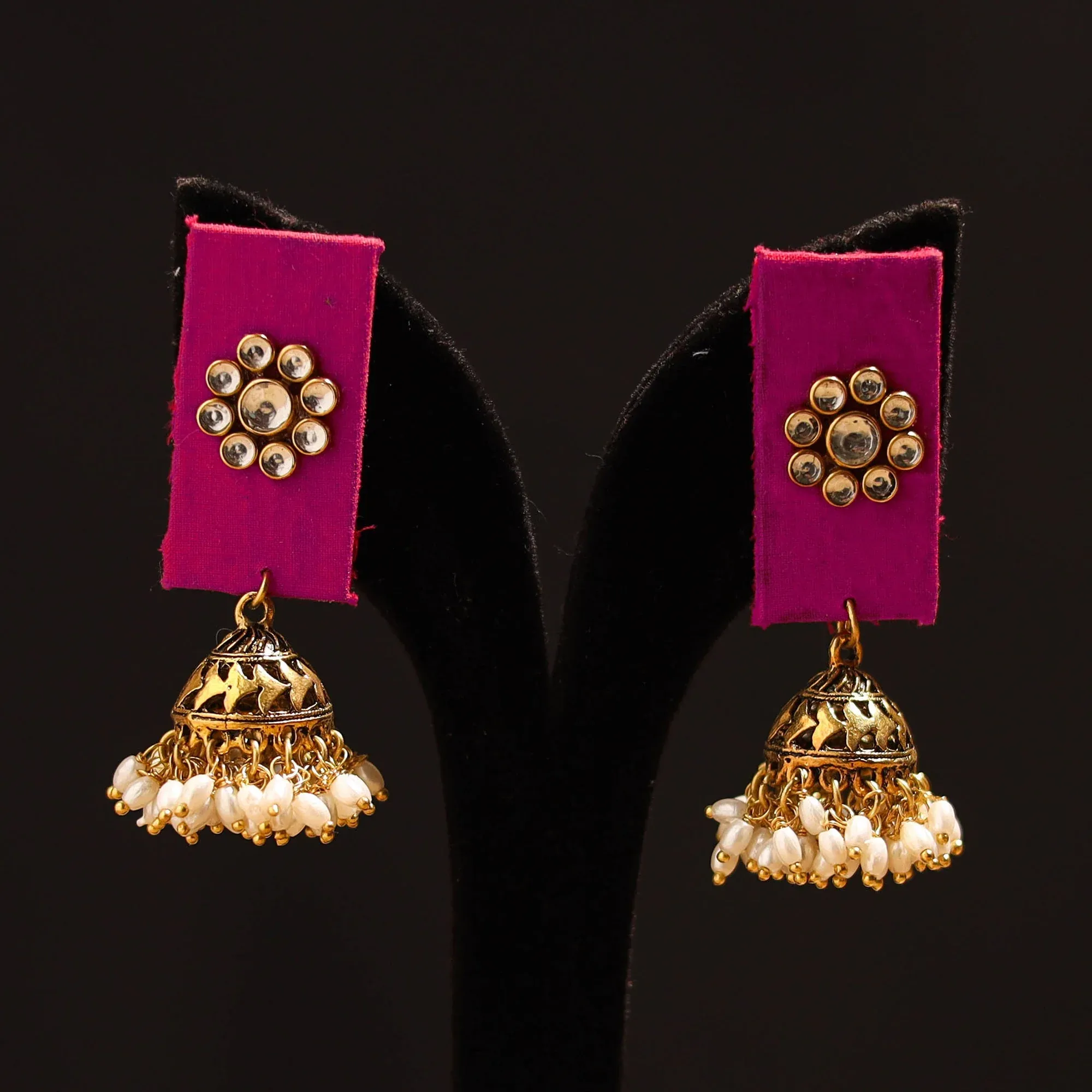 Pink - Anvika Stone Work Fabart GS Jhumka Earrings