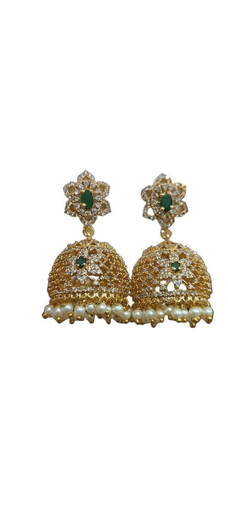 Gold Plated Kempu Stone Jhumka Earrings With Pearls view 2