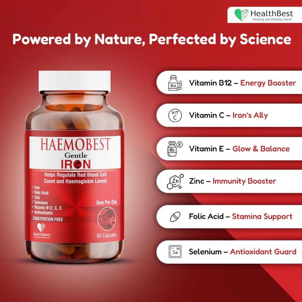 HealthBest Haemobest Iron Supplement | Iron, Folic Acid, Zinc & B12 for Hemoglobin Support, Energy & Immunity | For Men & Women - 60 Capsules view 2