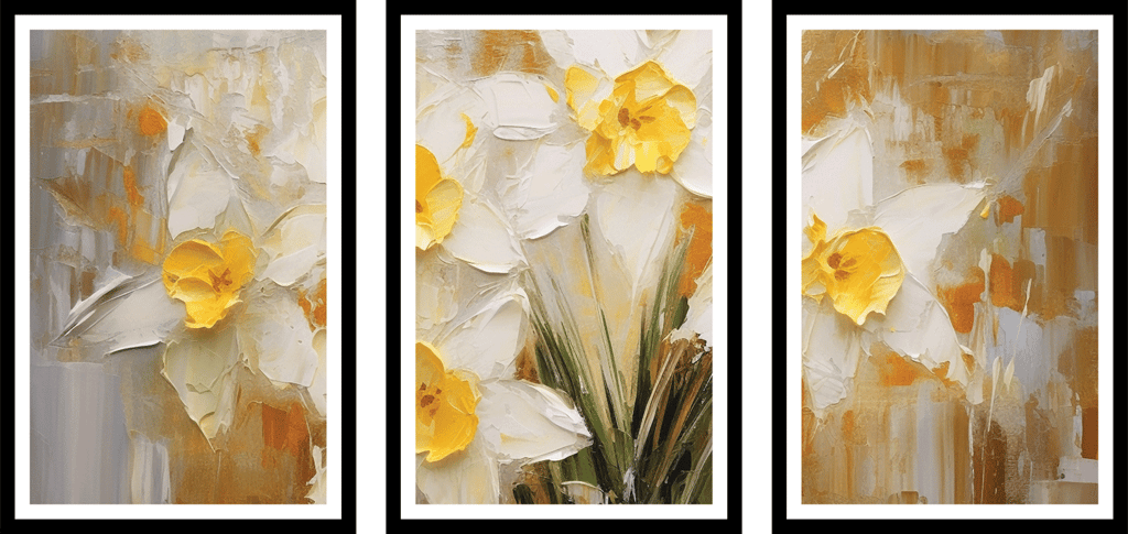 SET OF 3 WHITE AND YELLOW FLORAL PRINTS 48in X 24in WITH BLACK FRAME view 2