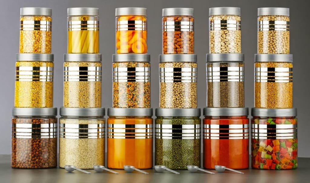 HAPPI Multipurpose Unbreakable Plastic Printed Silver Line Airtight Container Set Masala Box For Kitchen Storage Box Dabba For Spice, Pack of 18 (6 Pcs of Each 350ml, 650ml, 1200ml with 18 Spoons) view 2