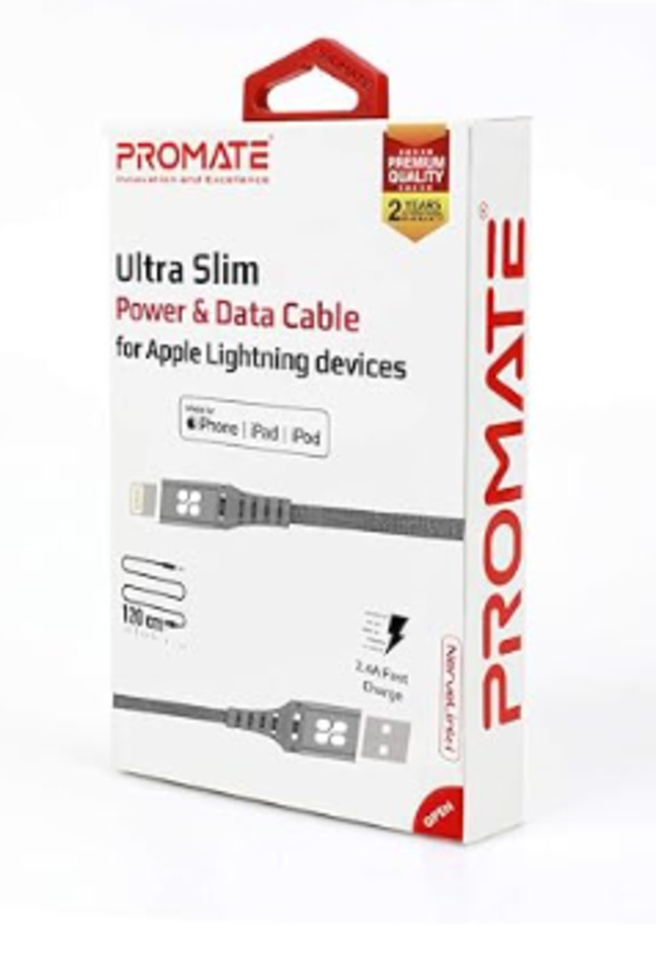 Promate Lightning Cable, Apple Mfi Certified Nylon Braided Lightning 1.2M Cord With 2.4A Nervelink-I Grey