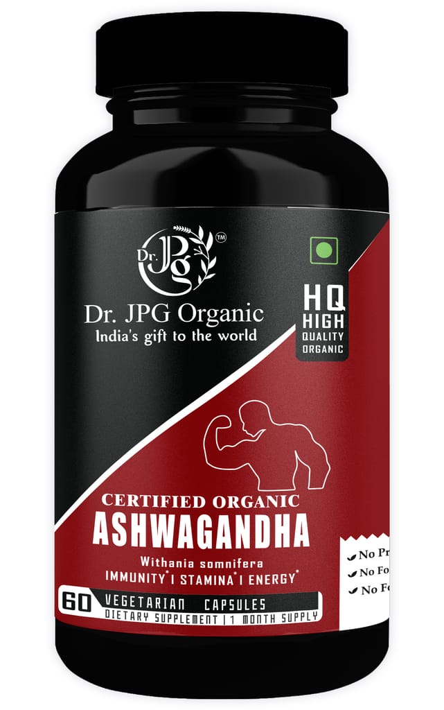 Dr JPG Organic Herbals Ashwagandha Capsules 60 Veg. Capsules/Withania Somnifera/INDIA ORGANIC Certified (Pack Of 1)