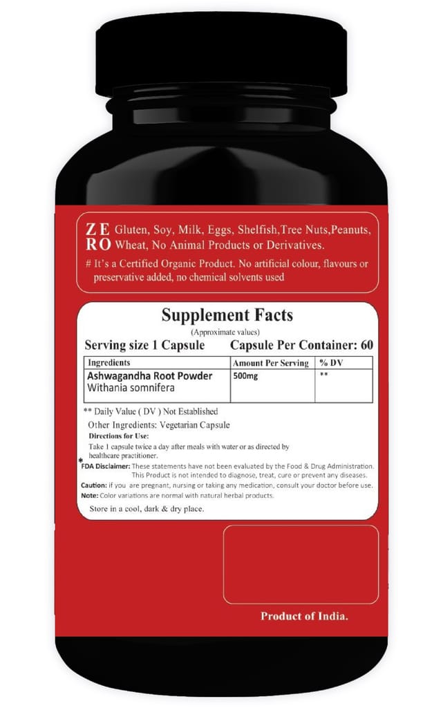 Dr JPG Organic Herbals Ashwagandha Capsules 60 Veg. Capsules/Withania Somnifera/INDIA ORGANIC Certified (Pack Of 1) view 2