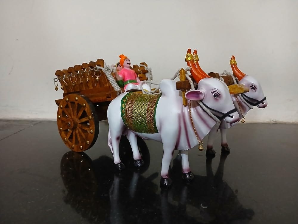 Samsam Samyak Teak / Sagwan Wood Handicraft Full Set Bullock Cart with Desi Cart Includes Bulls Pair & A Couple Made of Fiber (15" x 8" x 7") view 2