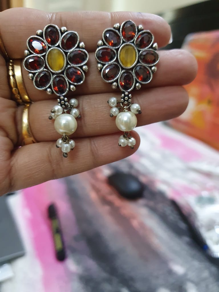 German Silver Oxidized Drop Studs Earrings view 2