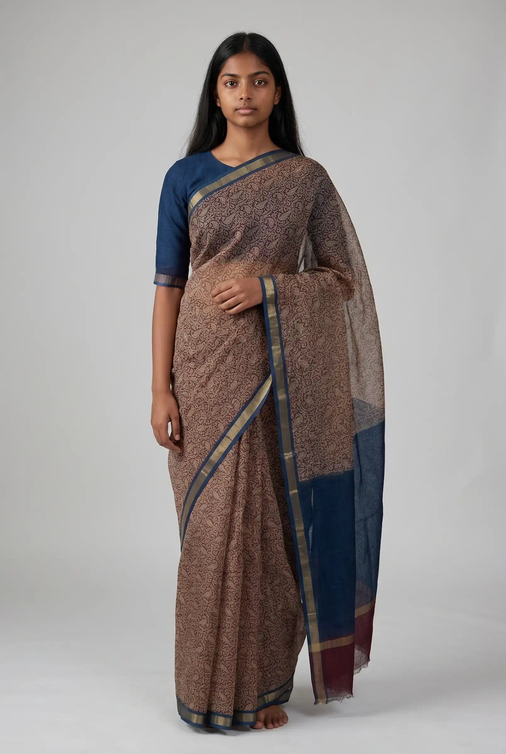 Teal Saree with Gold Border and Blouse Piece