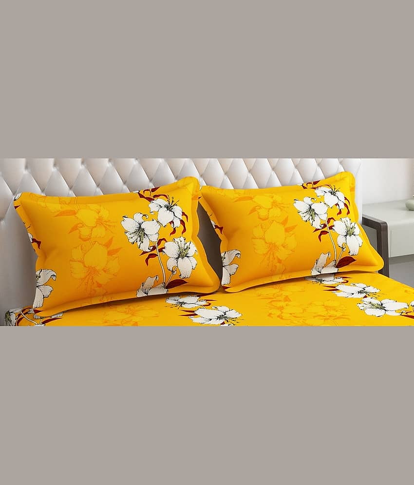 SHOMES Cotton Floral Fitted 1 Bedsheet with 2 Pillow Covers ( Double Bed ) - Yellow view 2