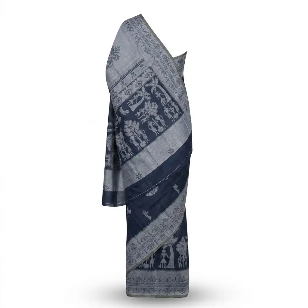 Navy Blue Sambalpuri Saree view 2