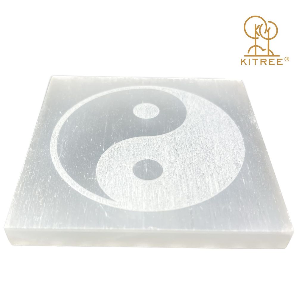 KITREE Natural Selenite Charging Engraved Ying Yang Symbol Squares Plate for Reiki Healing and Fengshui Crystal 7.5 x 7.5 Centimeters (Weight 95 GMS) (Shape Square) (Color White) view 2