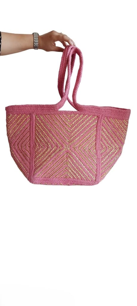 Jute Handmade shoulder Bag (Pink and Gold) view 2