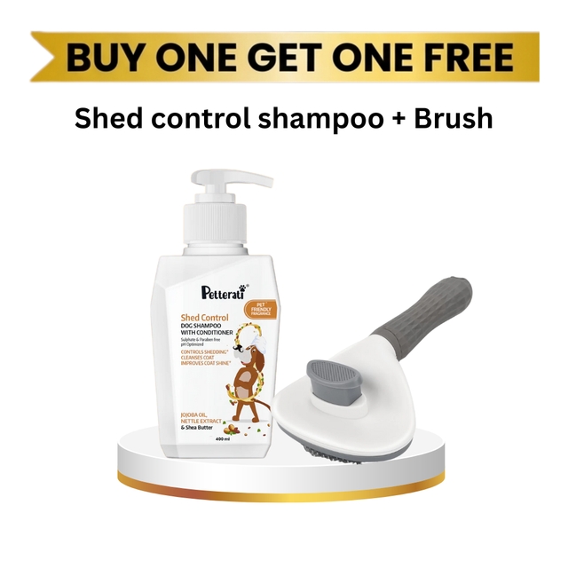 Petterati Dog Shed Control Shampoo & Deshedding Brush Combo, Advanced Hair Fall & Shedding Control, Deep Clean & Healthy Coat - Buy 1 Get 1 Free