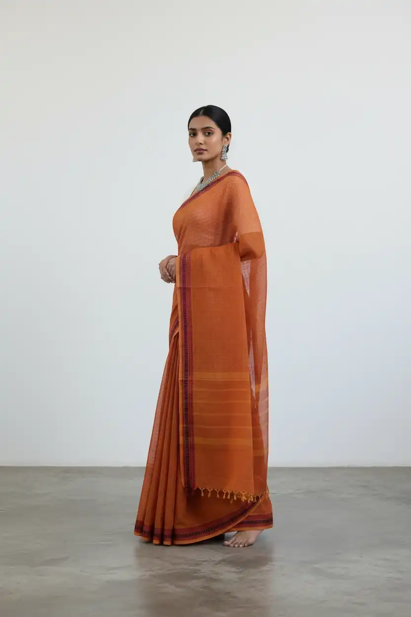 Handloom Kanchipuram Cotton-Silk Saree in Rich Orange, Woven Border