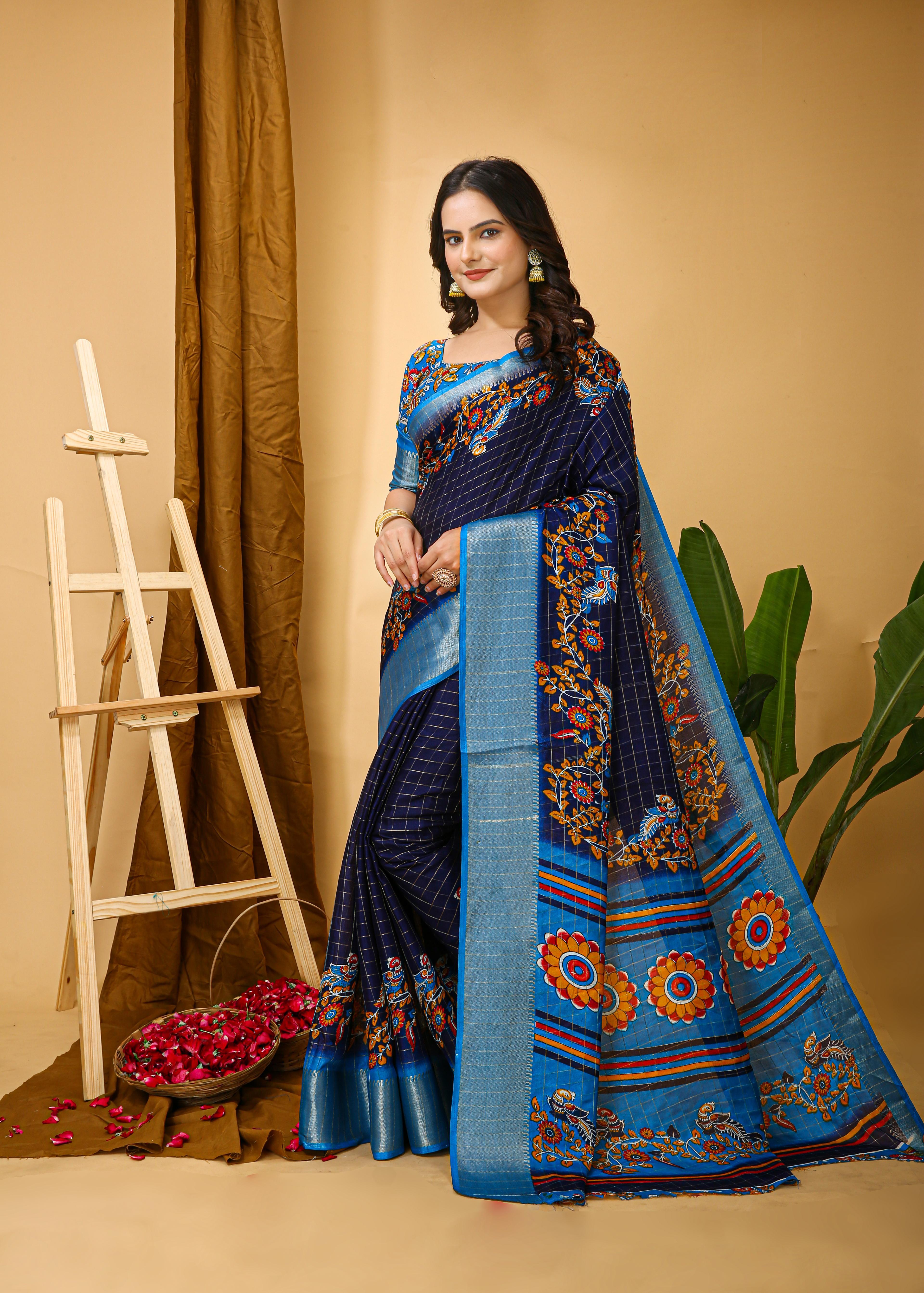 Kalamkari Print Dola Silk Saree view 2